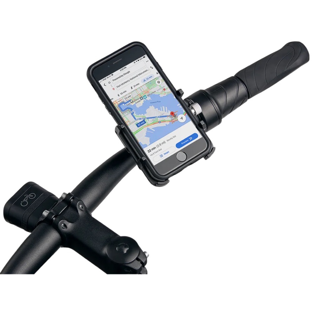 The Phone Mount securely attaches to the handlebars of your Bike